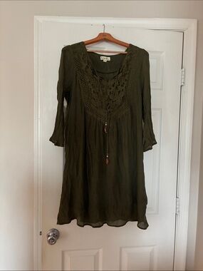 Boho Crochet Yoke Olive Green Women's Dress